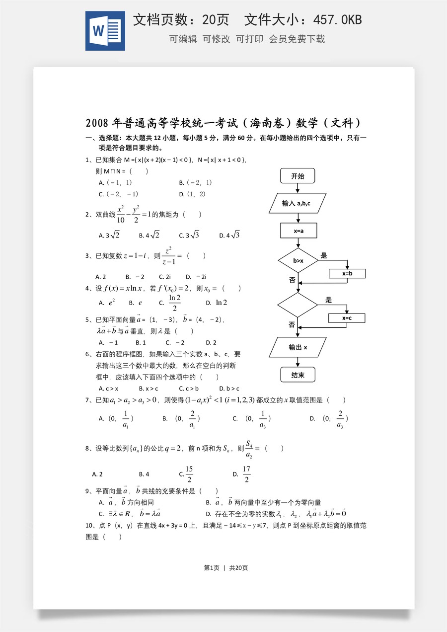 2008年高考数学试卷（文）（新课标）（海南宁夏）（解析卷）.doc