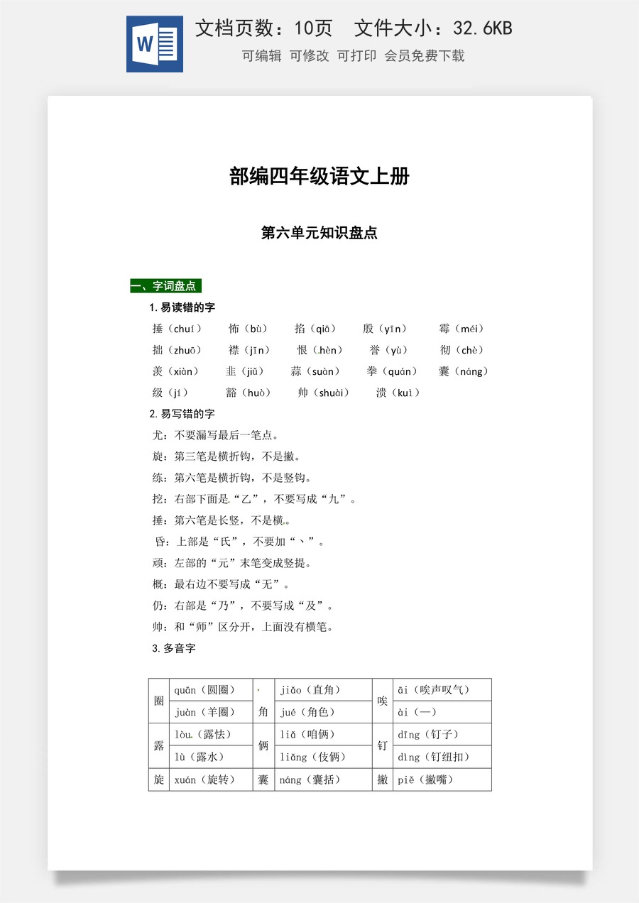 【热点难点一网打尽】部编四年级语文上册第六单元知识点汇总（含字词、佳句、感知、考点）.docx