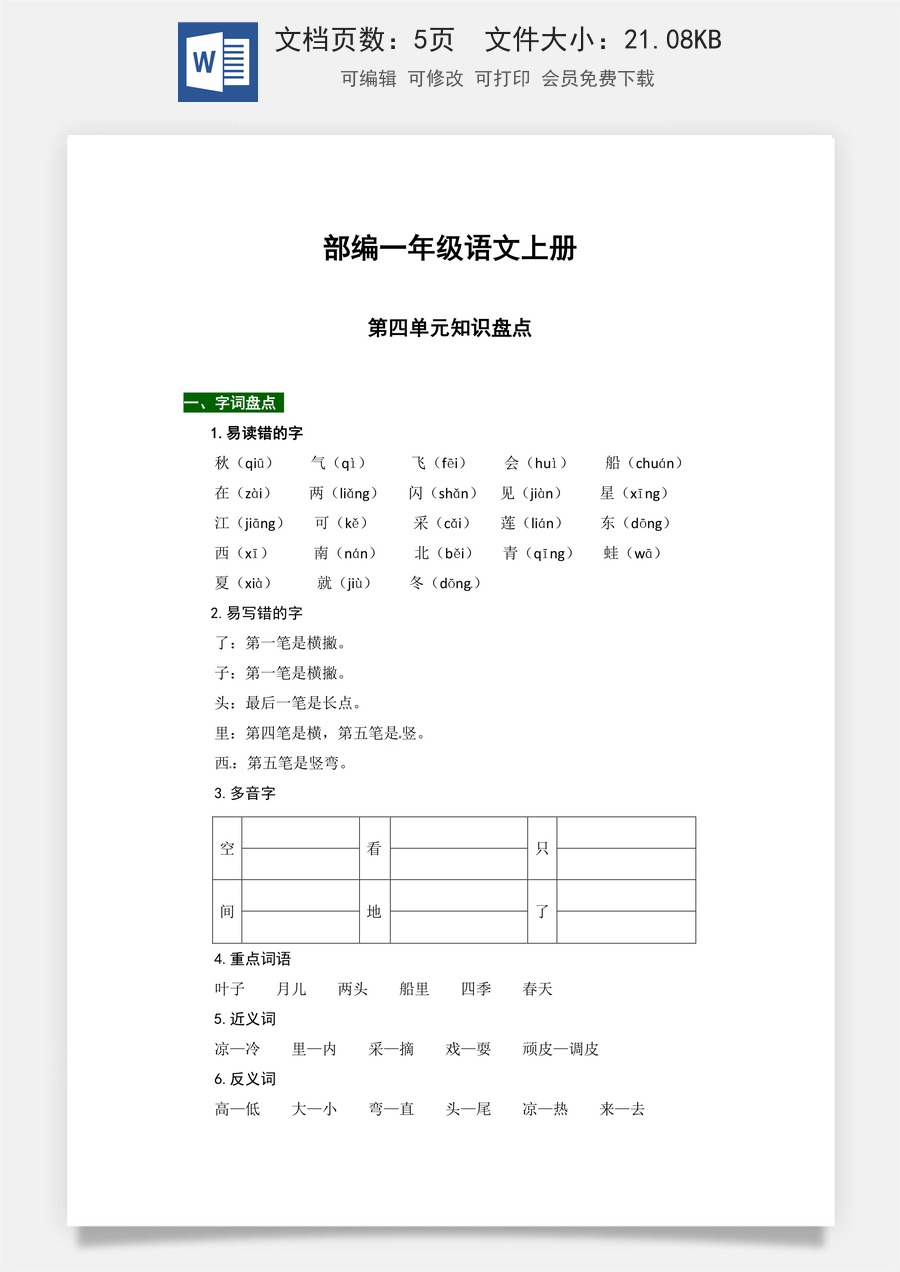 【热点难点一网打尽】部编版一年级语文上册第四单元知识点汇总（含字词、佳句、感知、考点）.docx